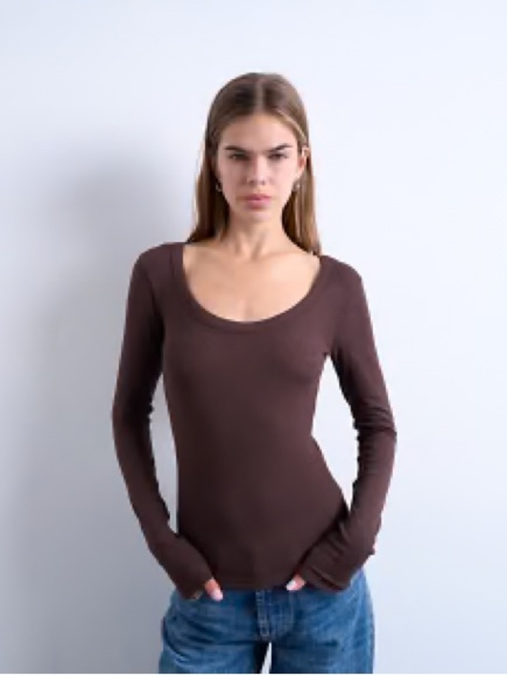 Vintage Brown Ribbed Scoop Neck Long Sleeve Top